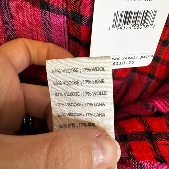 NWT Free People Red Pink Plaid Drawstring Sleeve Button Down Top Womens X-Small - Picture 4 of 6